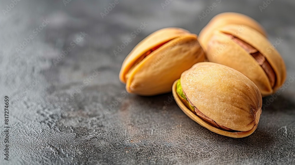Three pistachios sit atop a black table against a gray backdrop Three pistachios sit atop a black table against a gray backdrop