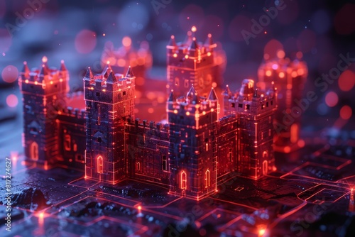  Futuristic cityscape with glowing orange lights and high-rise buildings