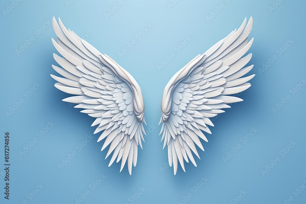 A pair of majestic white angel wings with intricate feather details, set against a serene blue background. A pair of majestic white angel wings with intricate feather details, set against a serene blue background.
