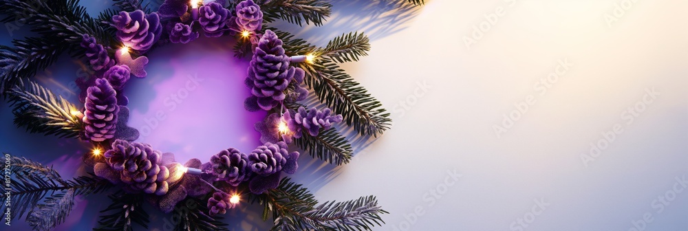 A beautiful pine wreath adorned with sparkling lights against a white wall with ample copy space A beautiful pine wreath adorned with sparkling lights against a white wall with ample copy space