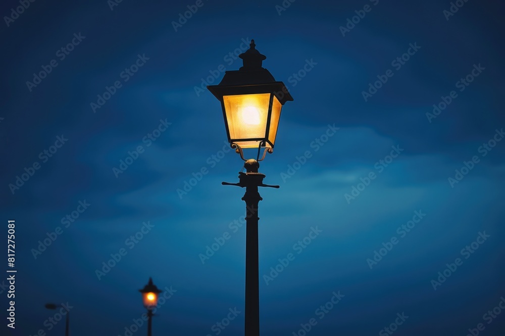 Light Post. Isolated White Street Light Lamp Illuminated at Night Light Post. Isolated White Street Light Lamp Illuminated at Night