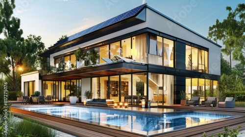 House Technology: Modern Home with Solar Panels, Pool, and Energy Efficient Features © Serhii