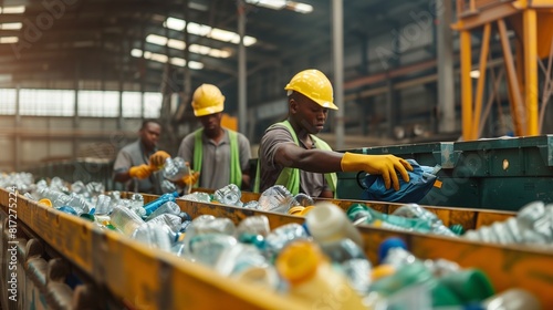 Workers in a plastic recycling facility sorting and processing plastic waste for reuse in manufacturing. photo