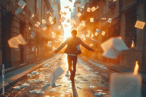 Man standing in city street with flying papers at sunset photo