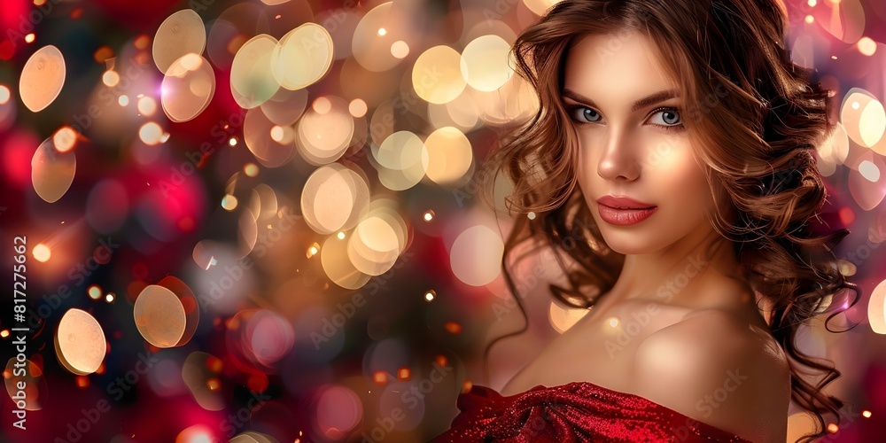 Brunette woman in red dress with curls stands in festive setting. Concept Holiday Portrait, Festive Outfit, Christmas Setting, Brunette Woman, Red Dress Brunette woman in red dress with curls stands in festive setting. Concept Holiday Portrait, Festive Outfit, Christmas Setting, Brunette Woman, Red Dress