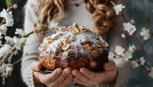 Woman with delicious Italian Easter dove cake near grey wall, closeup