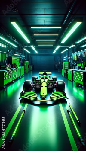 A neon green Formula One car in a modern, high-tech garage.