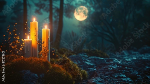 In pagan Wiccan and Slavic traditions for Litha candles and the moon symbolize mystical practices in a dark forest setting This includes witchcraft esoteric rituals and magical ceremonies a photo