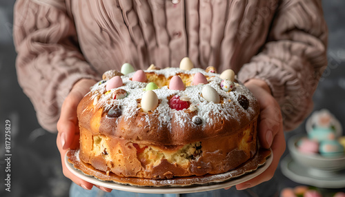 Woman with delicious Italian Easter dove cake near grey wall, closeup