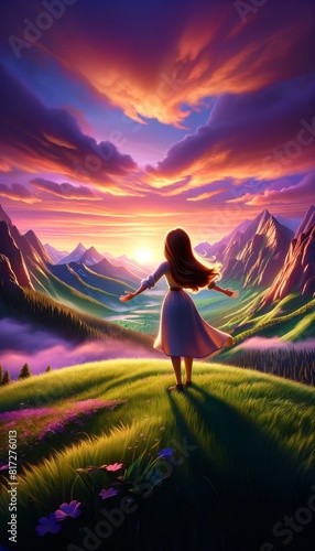 A young woman stands on a grassy hilltop with arms outstretched  embracing a breathtaking sunset over a valley with rolling green hills and mountains.
