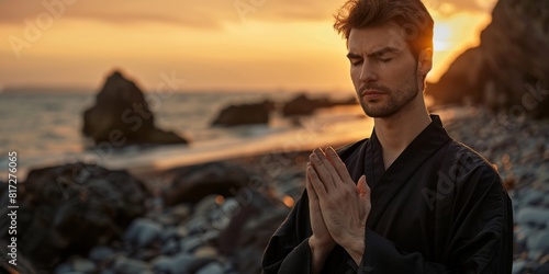 Meditation, zen, and tai chi with man at beach for spiritual, fitness, and healing energies at sunrise. Relax and balance with guy and breathing exercises for philosophy, faith, or wellness.