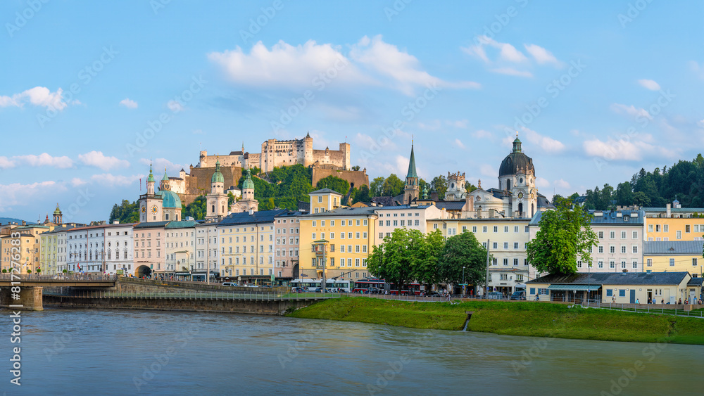 A view of the Hohensalzburg. It is a large medieval fortress in the city of Salzburg, Austria. It sits atop the Festungsberg at an altitude of 506 m	