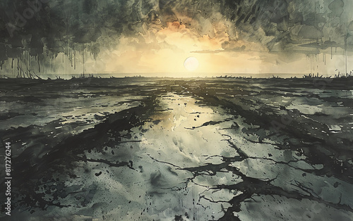 Illustrate an abstract representation of a desolate wasteland in watercolors