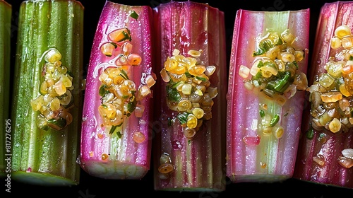  A close-up photo of several celery sticks adorned with various toppings