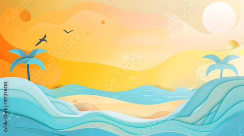 Sunset Beach Scene with Palm Trees and Flying Birds in Abstract Style