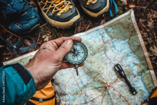 Holding a compass over a map in the forest