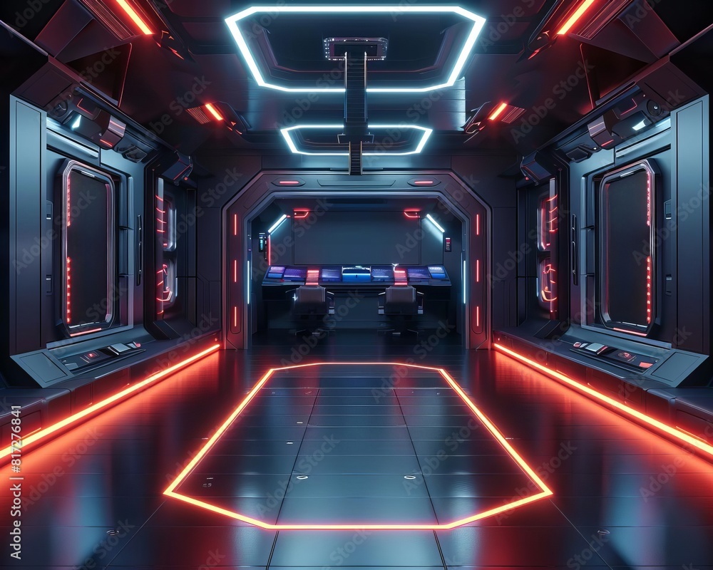 Fototapeta premium Futuristic spaceship interior with red and blue lights