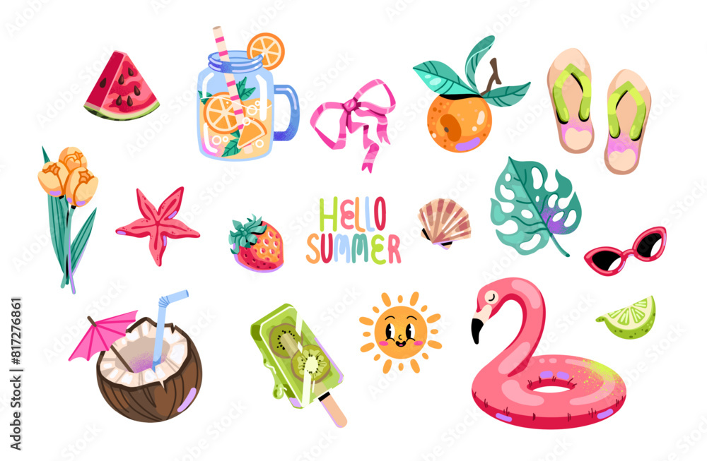 Vector summer stickers, flamingos, oranges, lemonade, sunglasses, beach, seashell, ice cream, vacation, coconut, watermelon. Trendy flat style. Vector summer stickers, flamingos, oranges, lemonade, sunglasses, beach, seashell, ice cream, vacation, coconut, watermelon. Trendy flat style.
