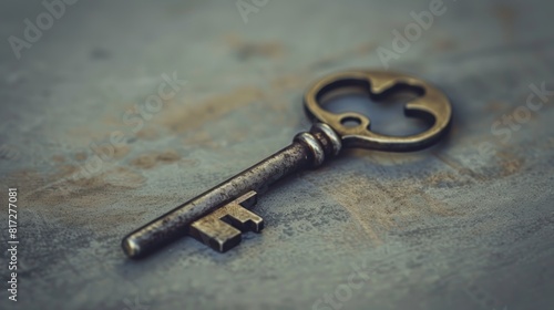 Key on a grey studio table. This represents chance or new beginnings. Reach your potential and open doors. Promotion, advancement, and corporate success are the goals. © LukaszDesign