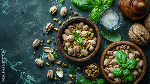   Nuts  basil leaves  and salt arranged in wooden bowls on a dark background  topped with a single green leaf