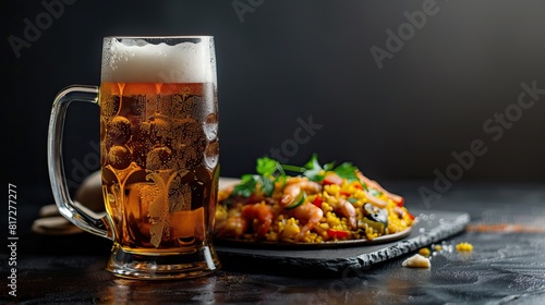 Cold mug of beer with foam and paella. Beer and food concept on dark stone background. Restaurant advertising, menu, banner.