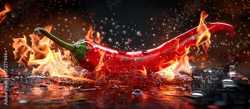 Hot red chili pepper in fire and water splash on black background, food and spices concept.