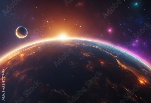 Close-up of a planet earth and moon with the sun in the background, 3d illustration