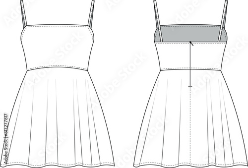 square neck sleeveless shpulder spaghetti straps strapped strappy fit and flared mini short tent dress template technical drawing flat sketch cad mockup fashion woman design style model
