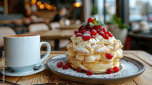   A plate with a stack of powdered-sugar-covered pancakes and raspberries alongside a cup of coffee