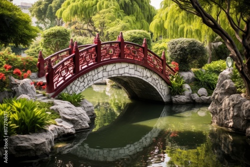 Tranquil Chinese garden with a traditional red bridge over a pond surrounded by lush greenery.