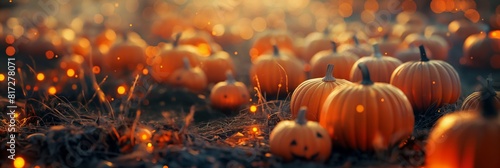 Pumpkins gathered on a ground covered with autumn leaves and illuminated by the warm glow of fairy lights, evoking a festive fall mood photo