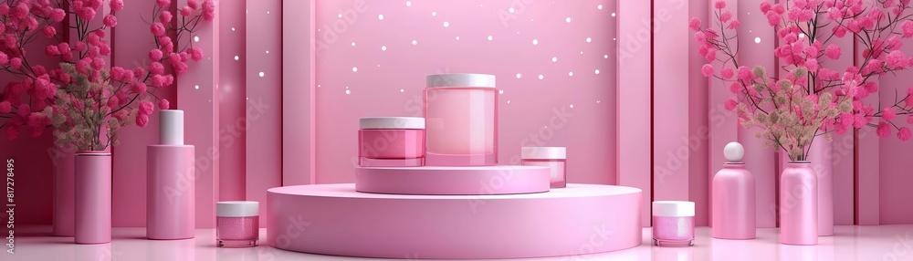 Pink podium and flowers. Background for product presentation. Pink podium and flowers. Background for product presentation.