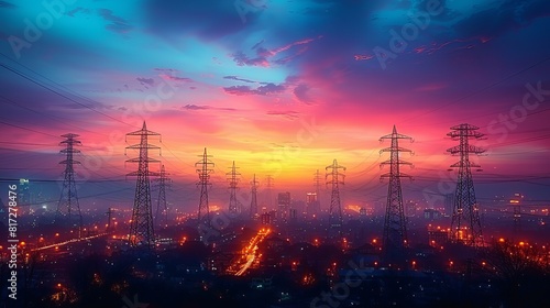 Urban electricity poles linked to a smart grid for energy distribution and transmission, emphasizing high-voltage supply.