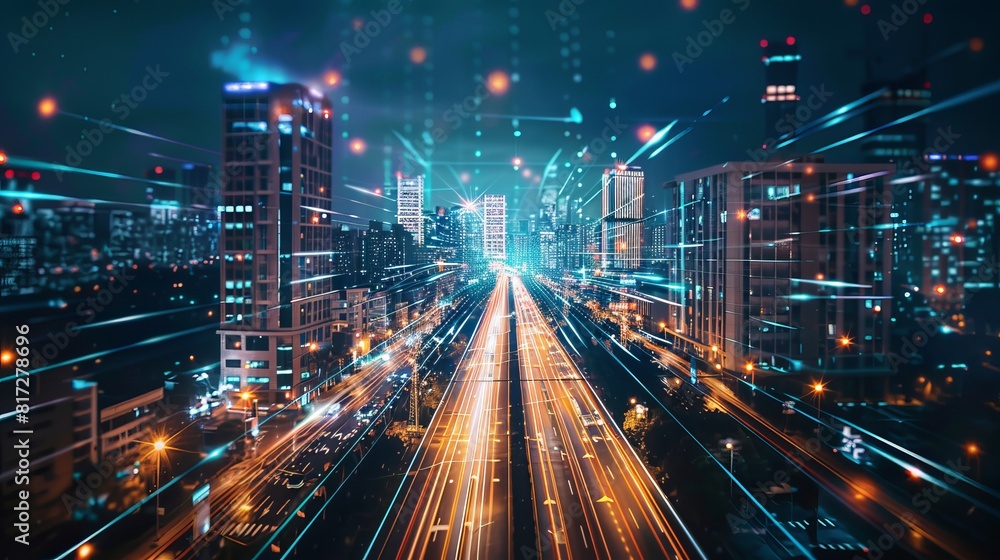 Fototapeta premium Urban electricity poles linked to a smart grid for energy distribution and transmission, emphasizing high-voltage supply.