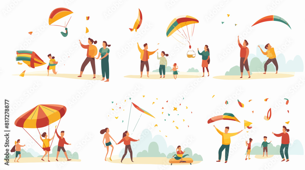 Set of scenes with happy families flying kites flat