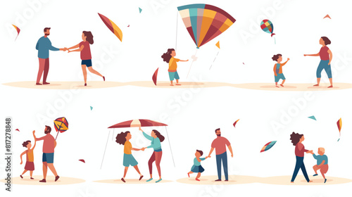 Set of scenes with happy families flying kites flat