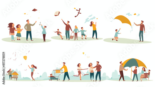 Set of scenes with happy families flying kites flat