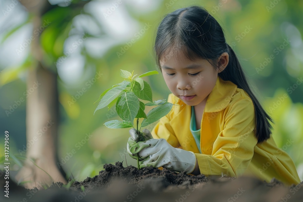 Cute little Asian girl planting a sapling in a soil outdoors on a spring day. Enthusiastic child grows a tree in the forest to reduce global warming. Raise concern for environment in children. Cute little Asian girl planting a sapling in a soil outdoors on a spring day. Enthusiastic child grows a tree in the forest to reduce global warming. Raise concern for environment in children.