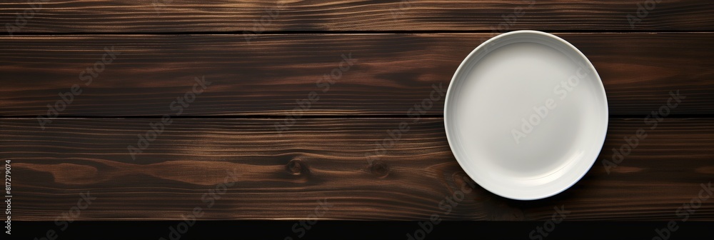 Empty white plate on a textured dark wooden surface, symbolizing minimalism and cleanliness Empty white plate on a textured dark wooden surface, symbolizing minimalism and cleanliness