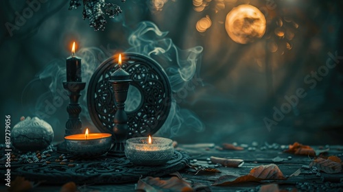 Immerse yourself in a mystical setting deep within the forest where flickering candles and a symbolic moon amulet cast their glow against the dark abstract backdrop of nature Here the ancie photo