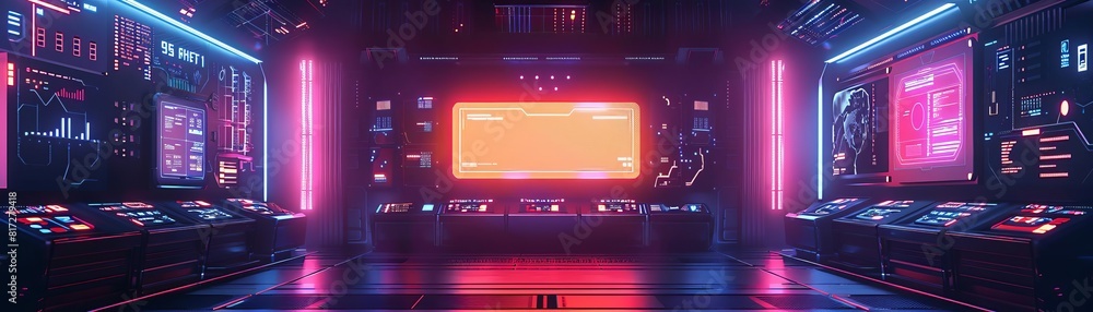 Sci-fi futuristic empty spaceship room with glowing neon lights Sci-fi futuristic empty spaceship room with glowing neon lights