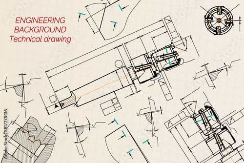 Mechanical engineering drawings on sepia background. Tap tools, borer. Technical Design. Cover. Blueprint. Vector illustration.