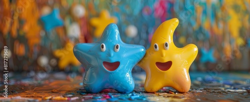 Two Blue and Yellow Star Shaped Cookies on Colorful Background