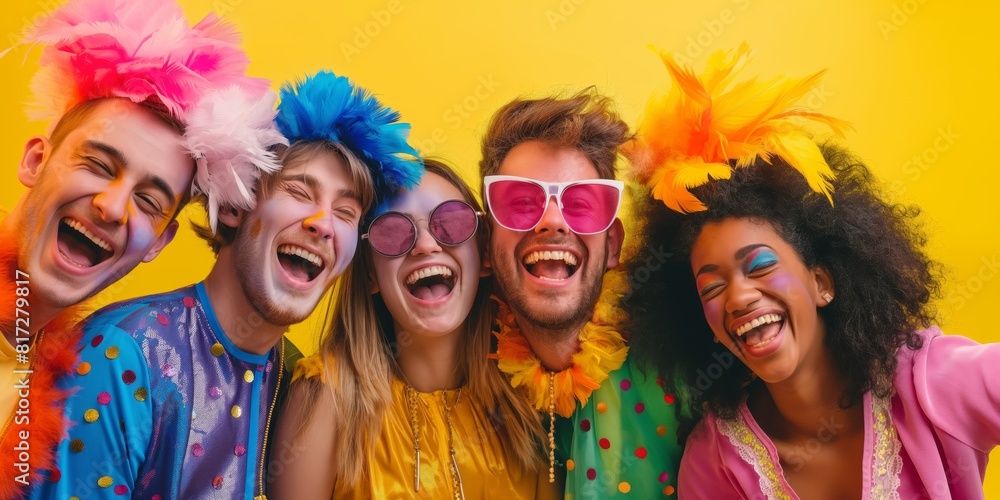 Fototapeta premium A vibrant group of people wearing colorful and playful costumes with feathers, laughing joyfully