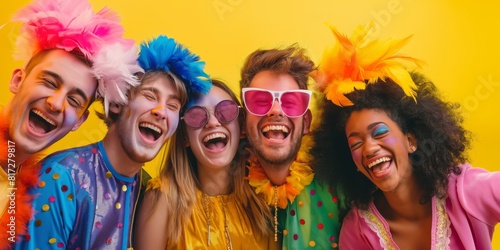 A vibrant group of people wearing colorful and playful costumes with feathers, laughing joyfully