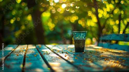 A glass of water sits on top of a wooden table.