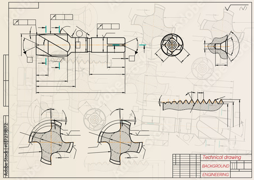 Mechanical engineering drawings on sepia background. Tap tools, borer. Technical Design. Cover. Blueprint. Vector illustration.