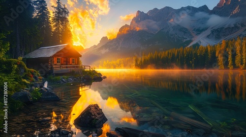A cabin is surrounded by mountains and water. photo