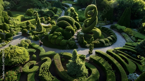 A whimsical garden with topiary sculptures and winding paths