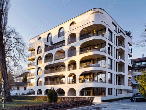 A modern apartment building with balconies and windows. photo